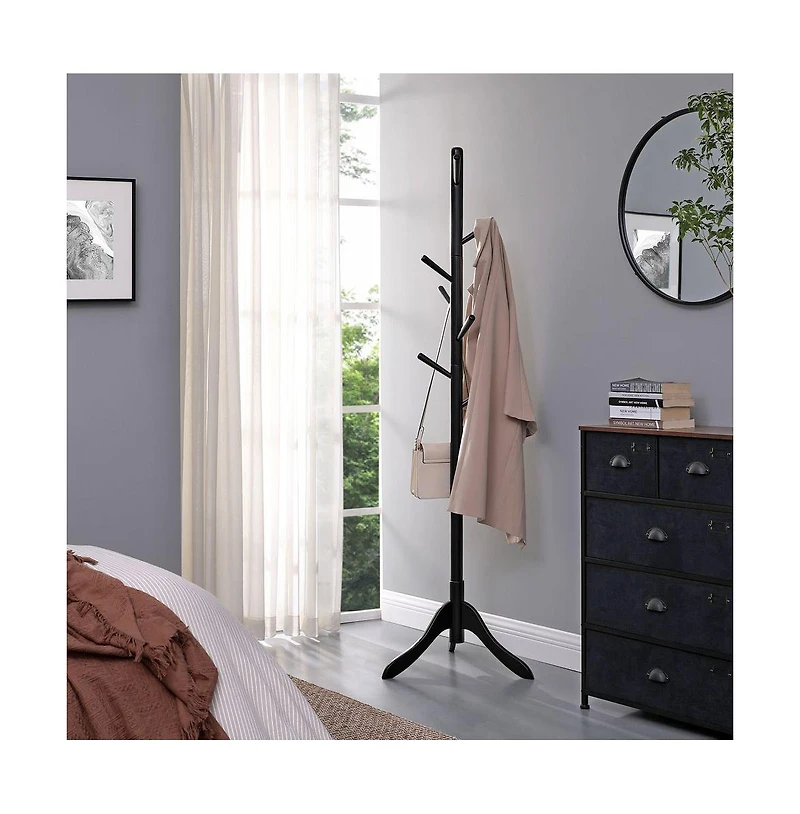 Solid Wood Coat Rack with 8 Hooks, Freestanding Tree for Hats, Bags, and Umbrellas