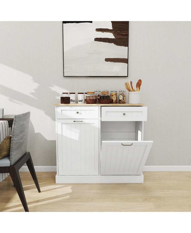 Casainc Tilt-Out Trash Cabinet with Two Drawers and Dual Compartments for Kitchen Waste Storage
