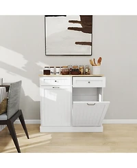 Casainc Tilt-Out Trash Cabinet with Two Drawers and Dual Compartments for Kitchen Waste Storage