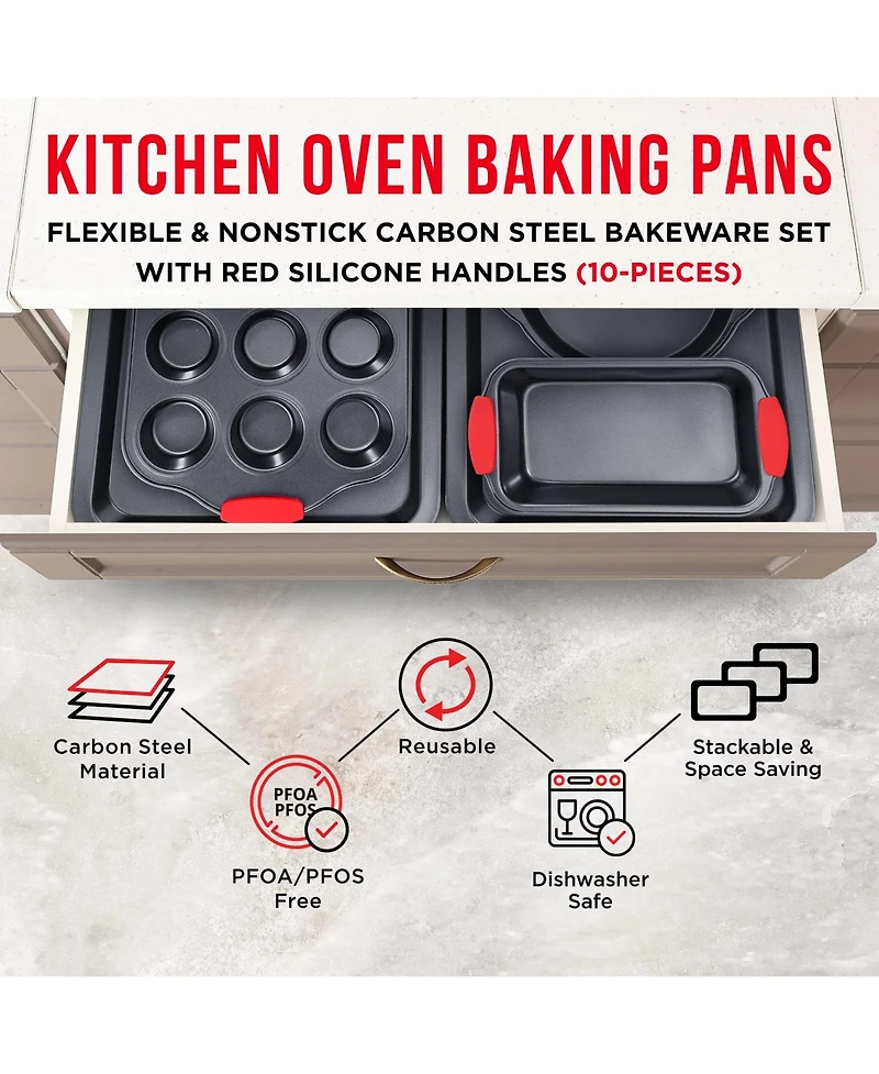 Baking Set – 10 Piece Kitchen Oven Bakeware Set – Deluxe Non-Stick Blue Coating Inside and Outside – Carbon Steel – Red Si