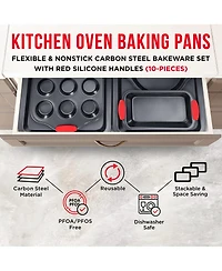 Baking Set – 10 Piece Kitchen Oven Bakeware Set – Deluxe Non-Stick Blue Coating Inside and Outside – Carbon Steel – Red Si