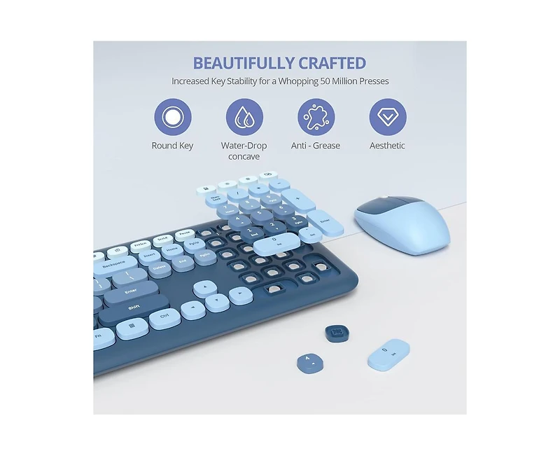 risokeys Cute Colorful Keyboard and Mouse Wireless Silent, Full-Size Retro Typewriter Wireless Quiet Slim Keyboard Low-Noise 2.4GHz for Computer