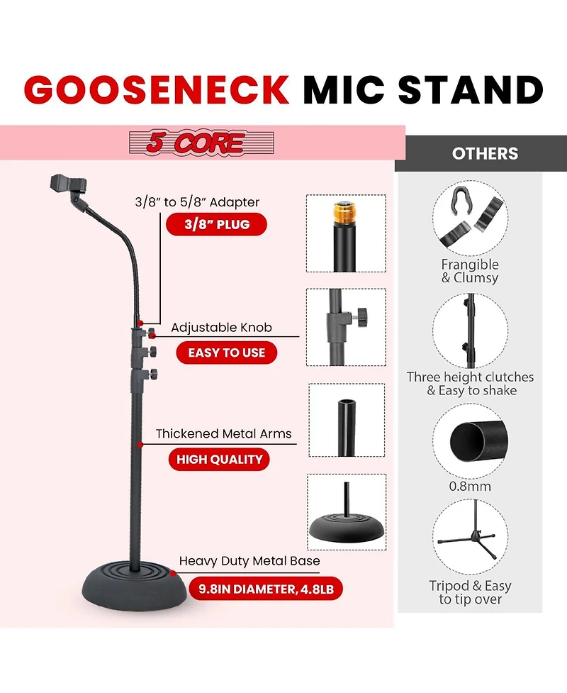 5Core Mic Stand Pair Floor Adjustable Universal Heavy Duty Gooseneck Microphone Stands Round Base Soporte De micrA fono