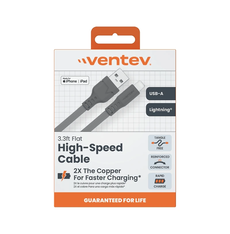 Ventev Flat Usb A to Apple Lightning High Speed Tangle-Free 3 Foot Cable