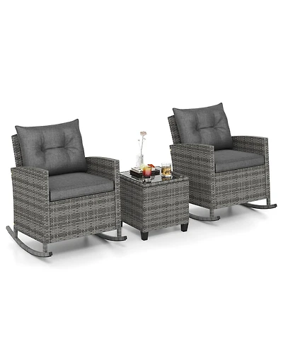 Slickblue Weather-Resistant 3-Piece Patio Rocking Chair Set with Cushions and Tempered Glass Table – Ideal for Outdoor Lounging
