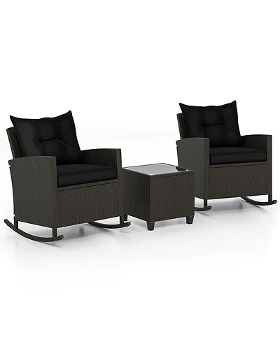 Slickblue Weather-Resistant 3-Piece Patio Rocking Chair Set with Cushions and Tempered Glass Table – Ideal for Outdoor Lounging