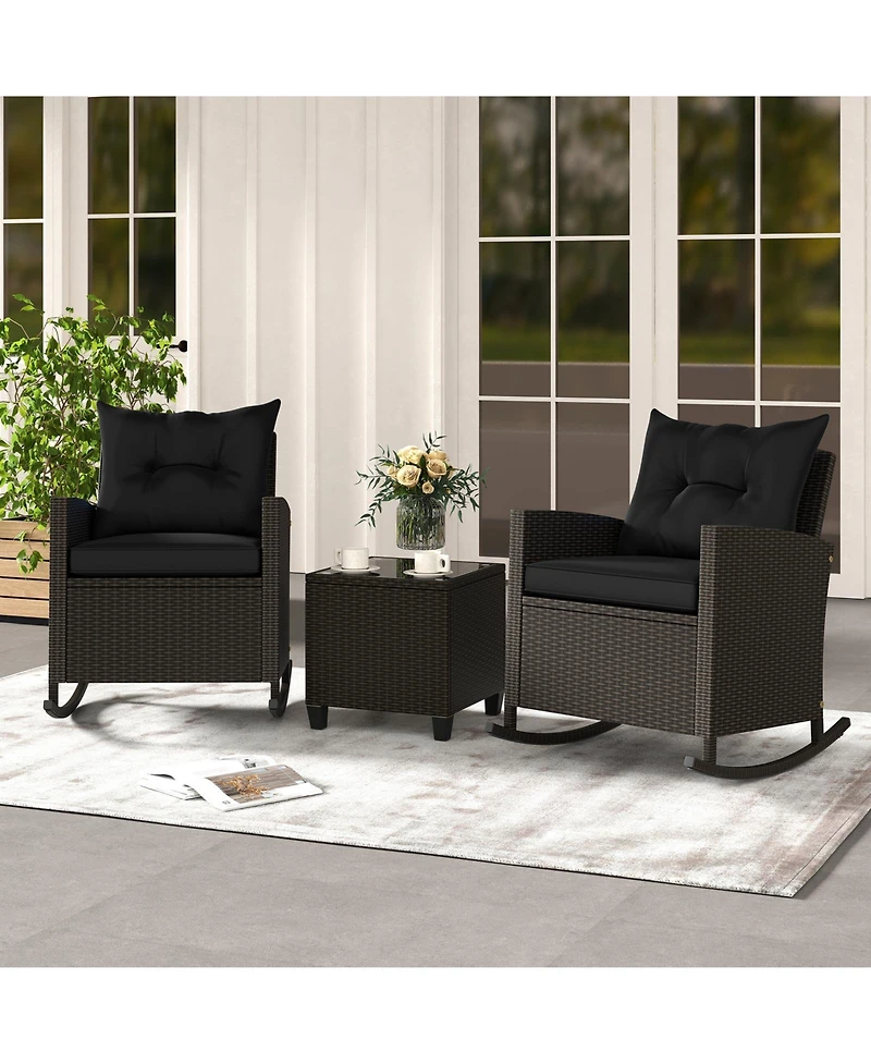 Slickblue Weather-Resistant 3-Piece Patio Rocking Chair Set with Cushions and Tempered Glass Table – Ideal for Outdoor Lounging