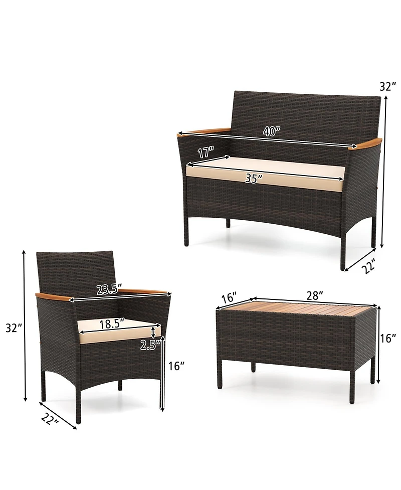 Slickblue 4-Piece Outdoor Wicker Sofa Set with Loveseat, 2 Chairs, and Coffee Table – Ideal for Patio or Garden