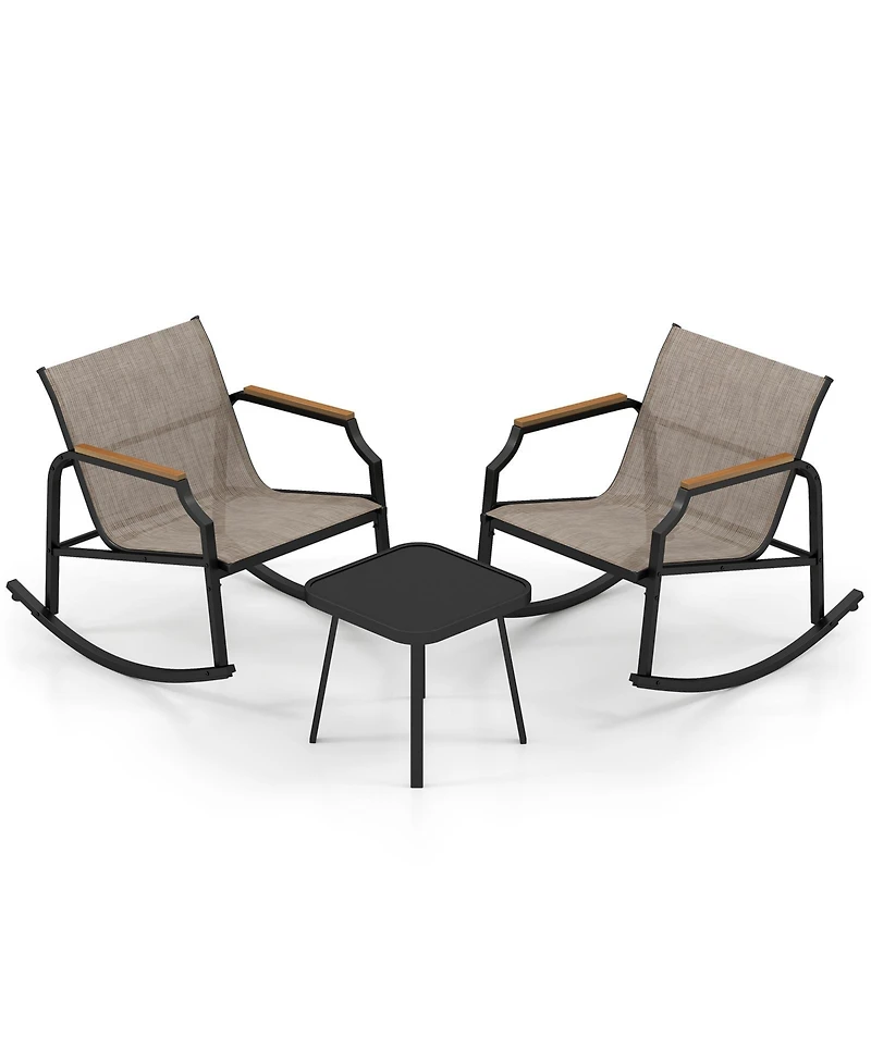 Slickblue Outdoor 3-Piece Rocking Chair Bistro Set with Armrests and Glass-Top Coffee Table – Ideal for Porch or Garden