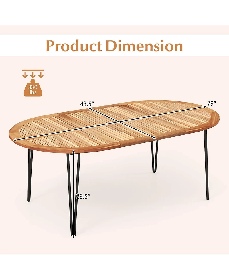 Gymax 79'' Patio Dining Table w/ Umbrella Hole Acacia Wood Tabletop & Sturdy Metal Legs