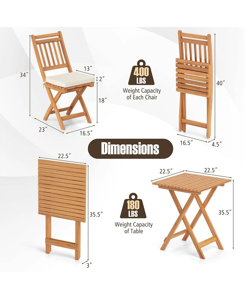 Slickblue 3-Piece Outdoor Wooden Bistro Set with Cushioned Chairs and Matching Table for Patio or Garden