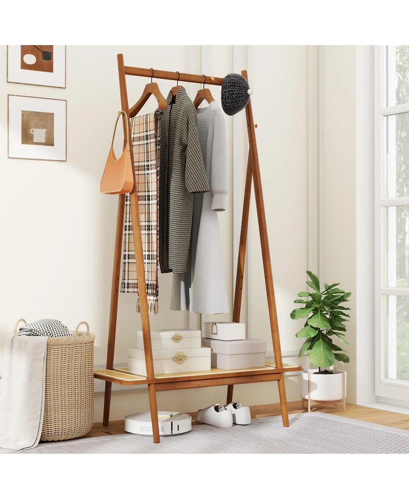 Slickblue Modern Clothes Rack for Entryway with Sturdy Hanging Rod, Decorative Rattan Shelf, and Elegant Copper Hooks