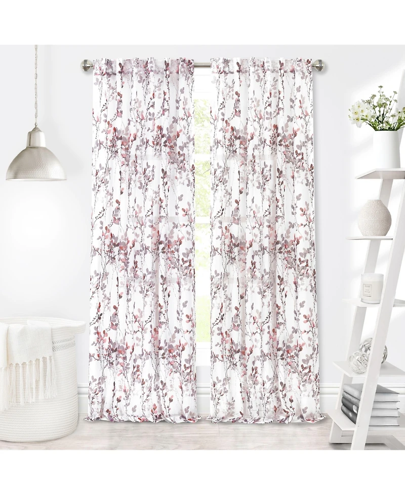 Kate Aurora 2 Piece Shabby Chic Cherry Blossom Designed Airy Sheer Rod Pocket & Back Tab Curtain Panels - 63 in. Long Hazelnut