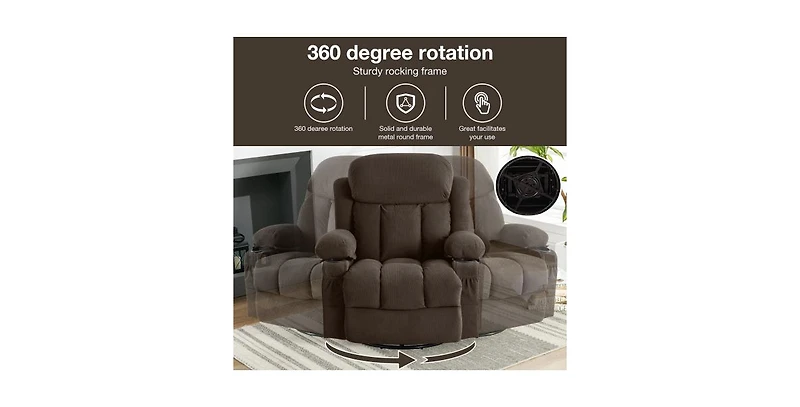 Swinging Recliner Massage Heated Sofa with Usb and 2 Cup Holders