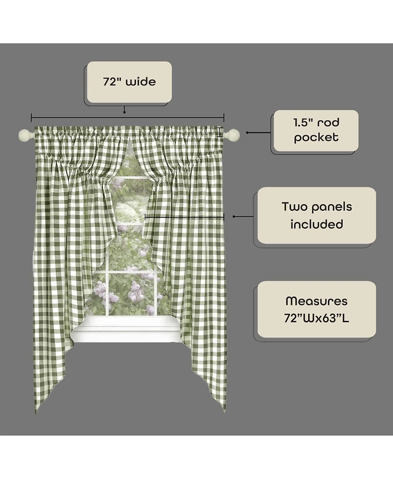 Kate Aurora Farmhouse Plaid Gingham Check Swag Valance Curtain Panel Pair - 72 in. W x 63 L, Black