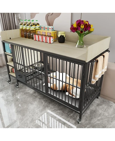 Streamdale Furniture Large Pet Cage w/ Storage & Stainless Steel Bowls (Black/Beige)
