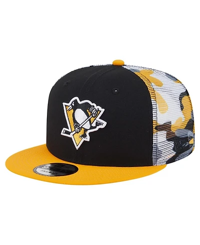 New Era Men's Black/Gold Pittsburgh Penguins Camo Meshback 9FIFTY Snapback Hat