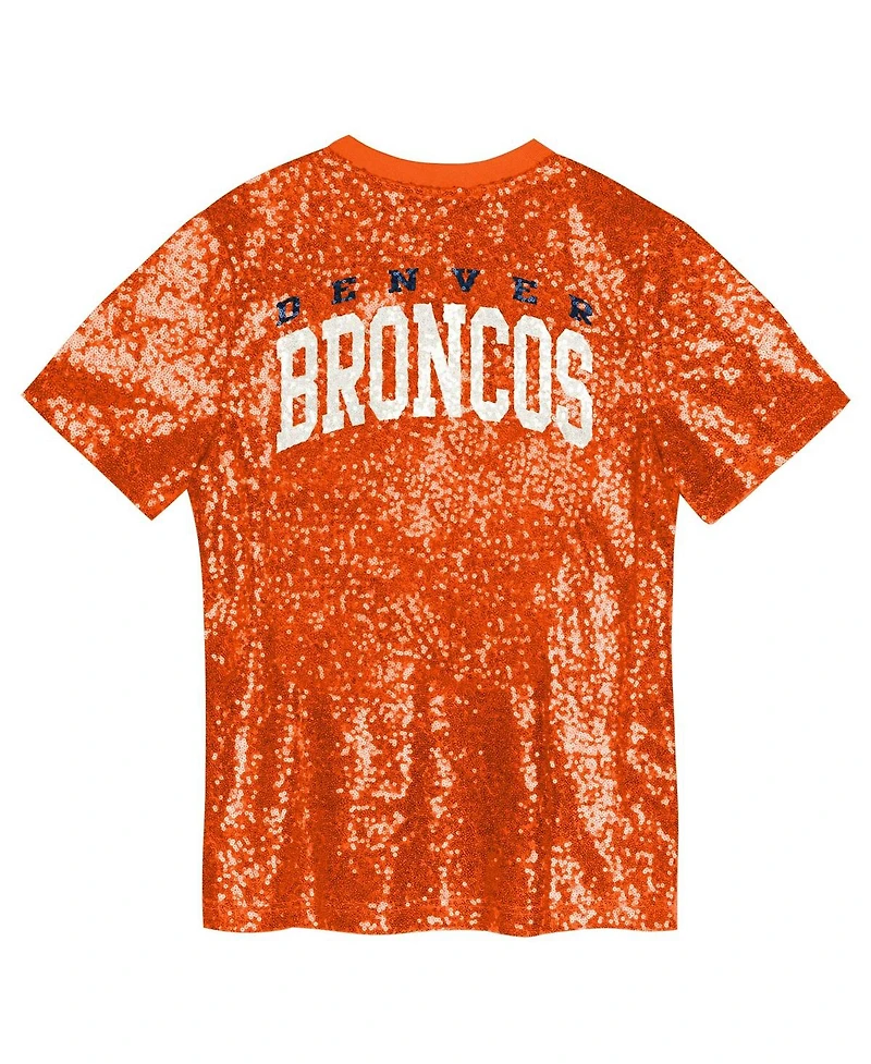 Outerstuff Big Girls Orange Denver Broncos Wordmark Sequin V-Neck Top