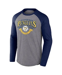 Fanatics Men's Heather Gray/Heather Navy Pittsburgh Penguins Goal Crease Raglan Tri-Blend Long Sleeve T-Shirt