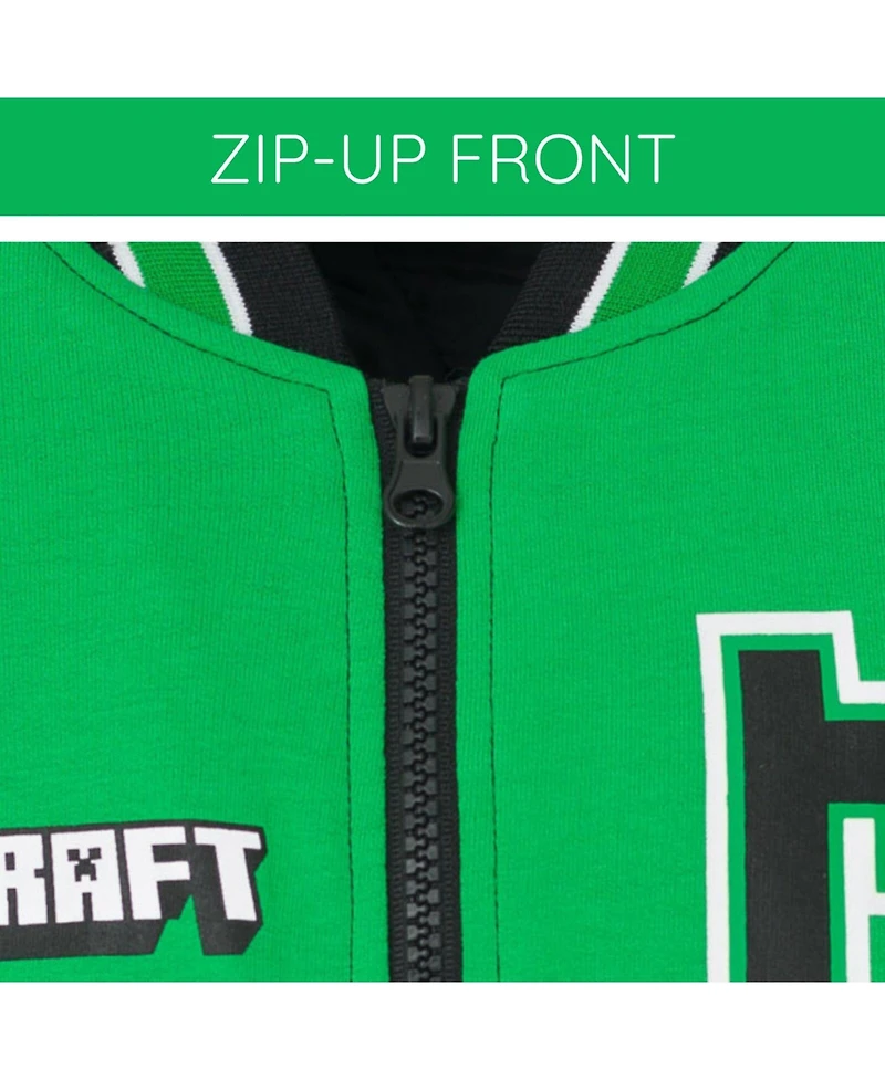 Minecraft Boys Creeper French Terry Zip Up Varsity Bomber Jacket