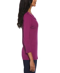 Rafaella Petite Ribbed Marilyn Neck 3/4 Sleeve Top with Decorative Brooch