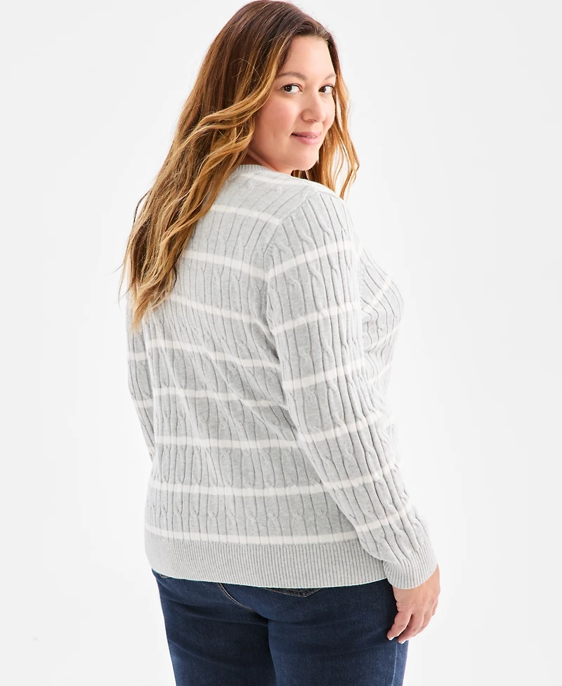 Style & Co Plus Cotton Cable-Knit V-Neck Stripe Sweater, Created for Macy's