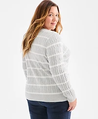 Style & Co Plus Cotton Cable-Knit V-Neck Stripe Sweater, Created for Macy's