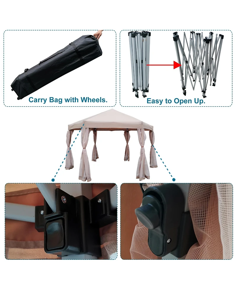 13 Ft. W x 13 Ft. D x 9.2ft Pop-Up Gazebo Tent Outdoor Canopy Hexagonal Canopies Gazebos & Pergolas 6 Sided