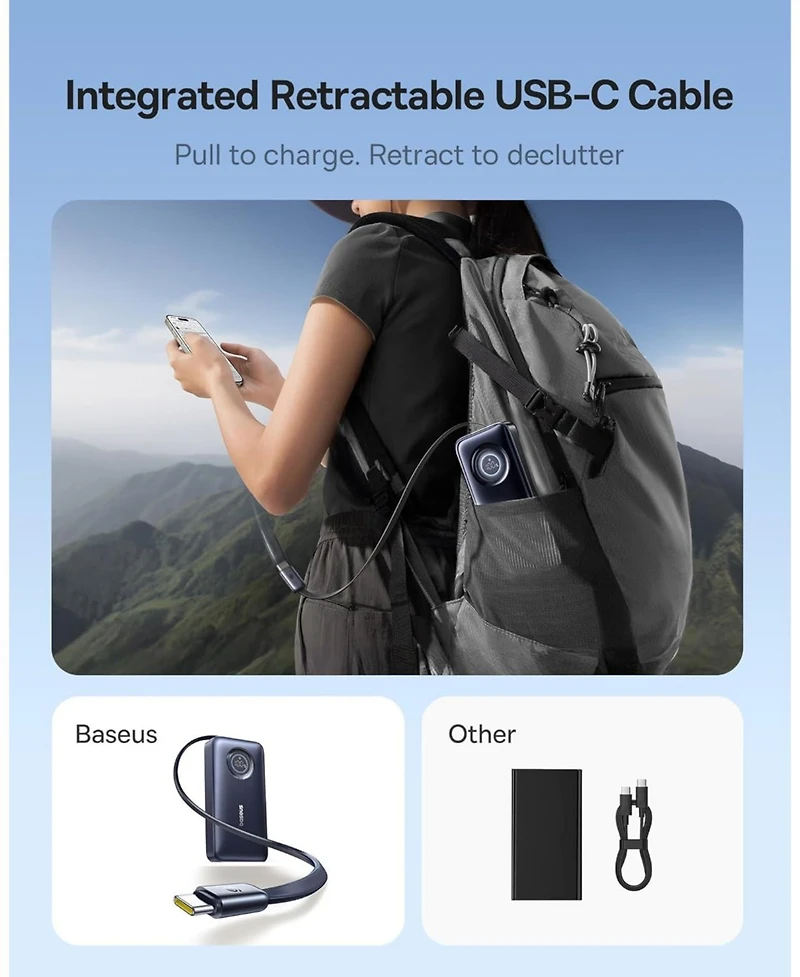 Baseus Enercore Power Bank, 10000mAh Fast Charging Portable Charger Built-in 45W Retractable Usb-c Cable, Battery Pack for iPhone 16/15, Samsung, iPad