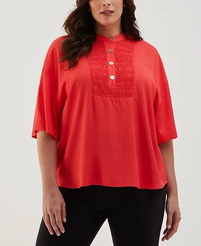 Ella Rafaella Plus Smocked Banded Collar Short Sleeve Top