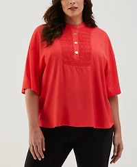 Ella Rafaella Plus Smocked Banded Collar Short Sleeve Top