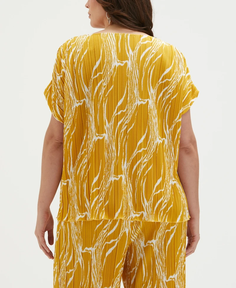 Ella Rafaella Plus Ripple Print V-Neck Plisse Short Sleeve Top