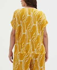 Ella Rafaella Plus Ripple Print V-Neck Plisse Short Sleeve Top