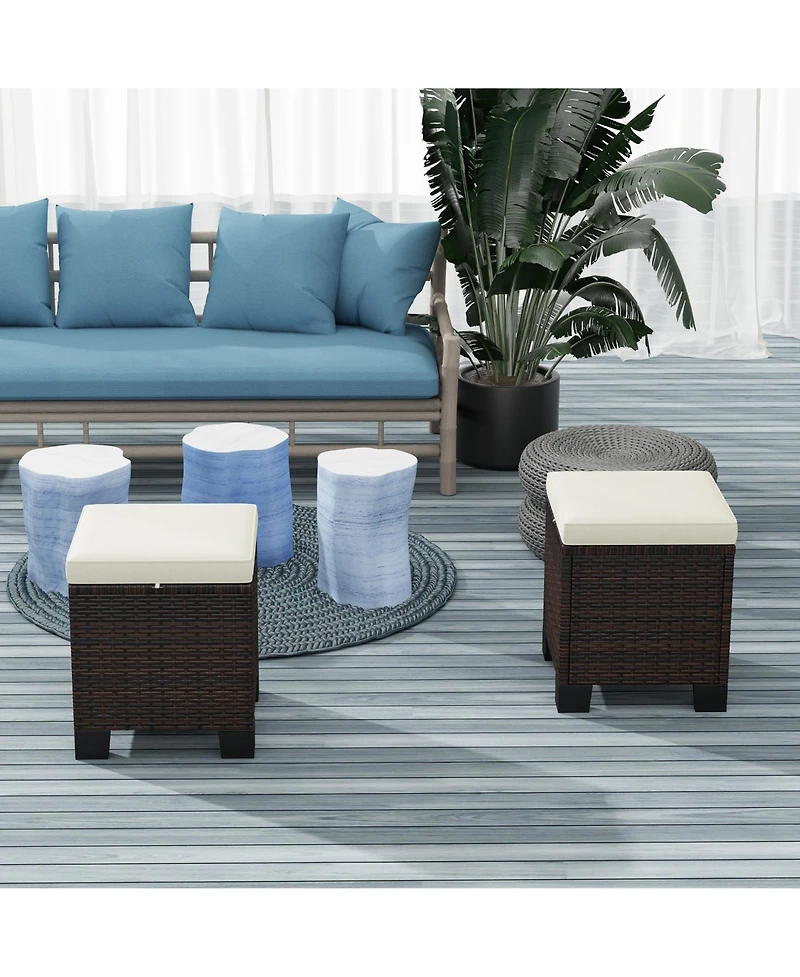 Outsunny Wicker Outdoor Ottoman Footstool Set of 2 with Cushions,