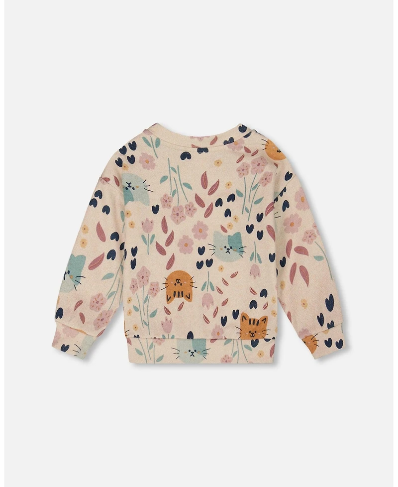 Deux par Baby Girls Glittering French Terry Sweatshirt Beige Cat Print