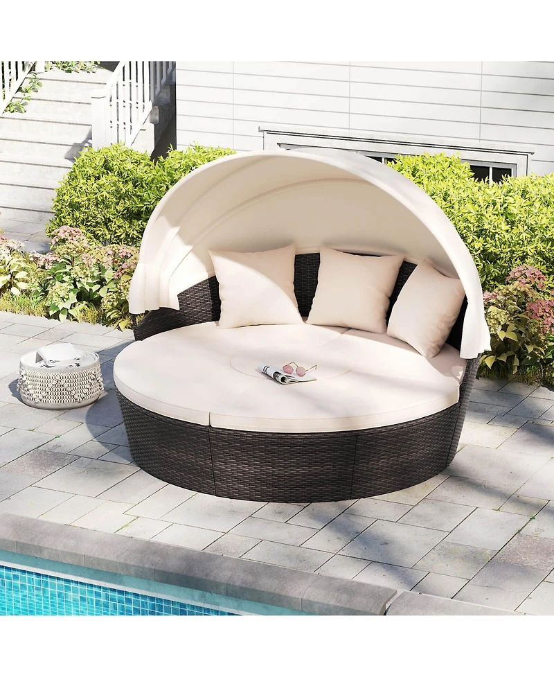 Costway Patio Round Daybed Pe Rattan Cushioned Sectional Seating with Retractable Canopy