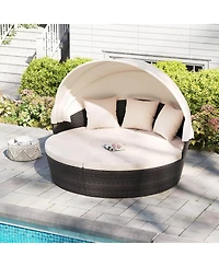 Costway Patio Round Daybed Pe Rattan Cushioned Sectional Seating with Retractable Canopy