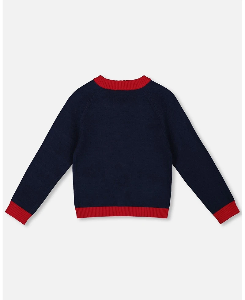 Deux par Toddler Girls Knitted Cardigan Navy Blue with Red Embroidered Hearts - Toddler|Child