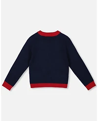 Deux par Toddler Girls Knitted Cardigan Navy Blue with Red Embroidered Hearts - Toddler|Child