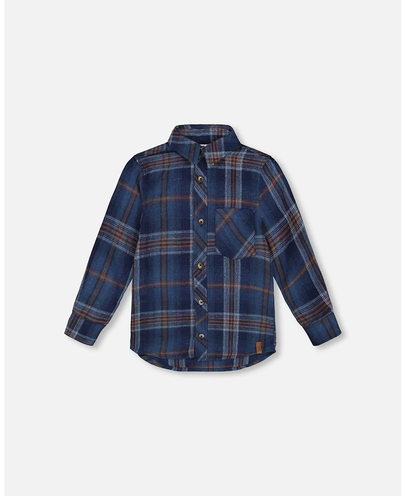 Deux par Big Boys Long Sleeve Flannel Shirt Blue and Brown Plaid