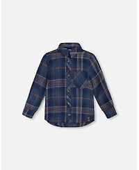 Deux par Big Boys Long Sleeve Flannel Shirt Blue and Brown Plaid