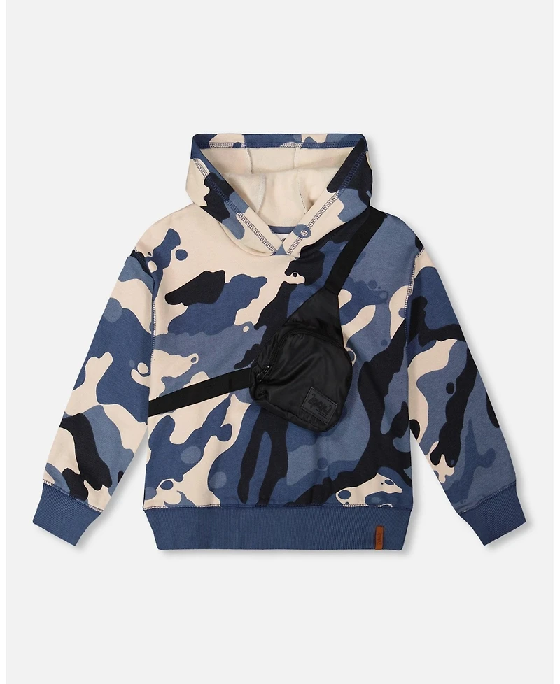 Deux par Big Boys Hooded Fleece Sweatshirt with Crossbody Bag Blue Camouflage