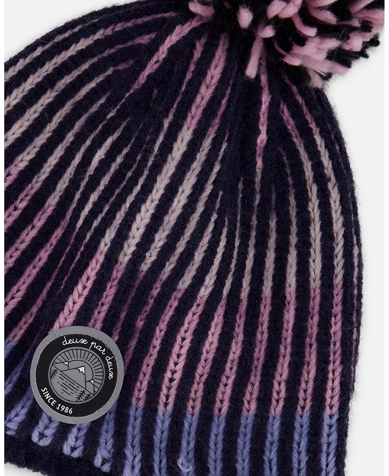 Deux par Girl Lined Peruvian Knit Pompom Hat Black and Purple - Toddler|Child