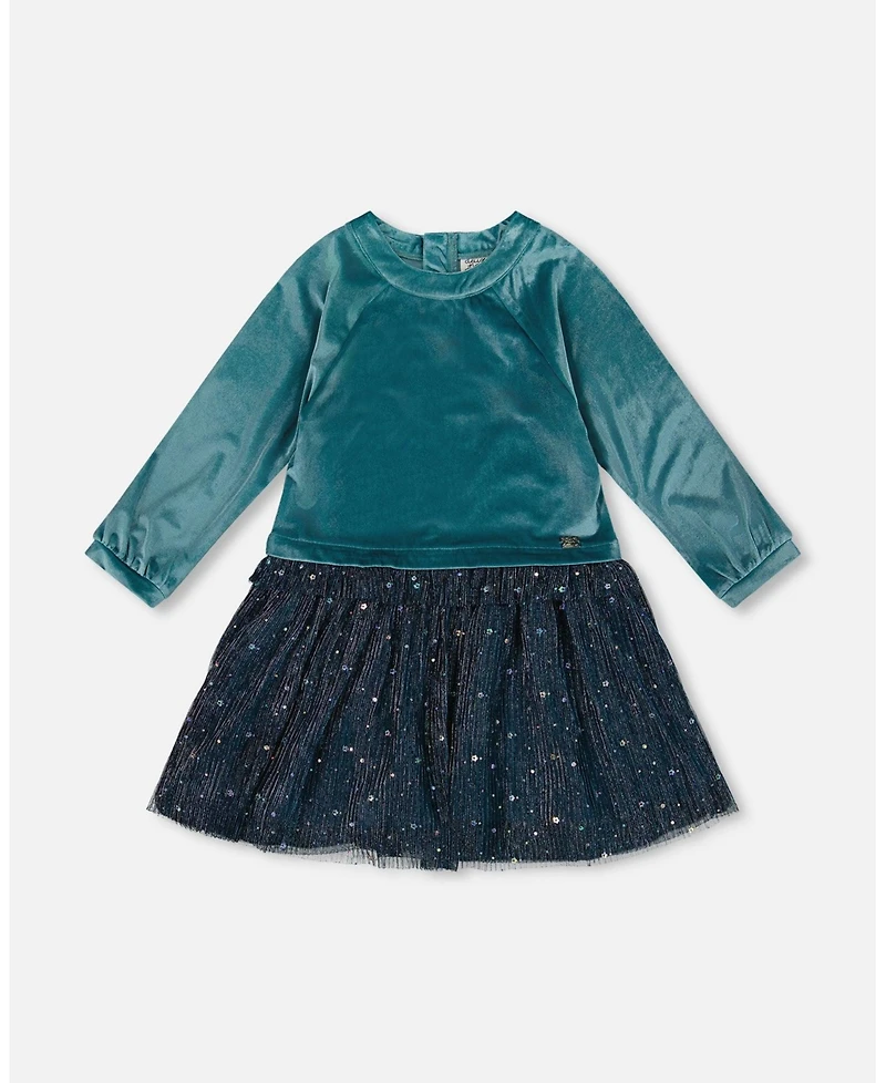 Deux par Big Girls Long Sleeve Bi-Material Velvet and Pleated Mesh Dress Teal Blue