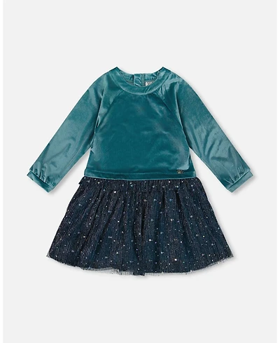 Deux par Big Girls Long Sleeve Bi-Material Velvet and Pleated Mesh Dress Teal Blue
