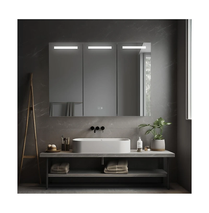 Basicwise 3-Door Versatile Bathroom Medicine Cabinet with Anti-Fog Led Mirror, Waterproof Aluminum, Surface or Recessed Mount, 2 Adjustable Glass Shel