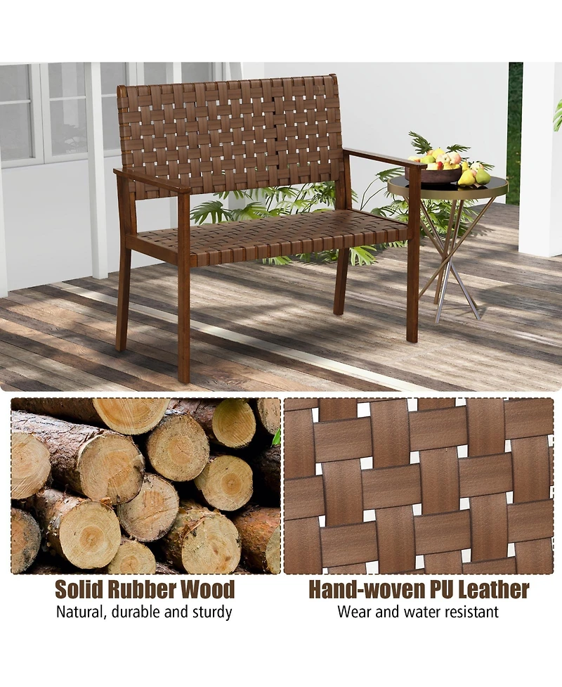 Gymax Patio Loveseat Bench w/ Solid Rubber Wood Frame & Hand Woven Pu Leather All Weather