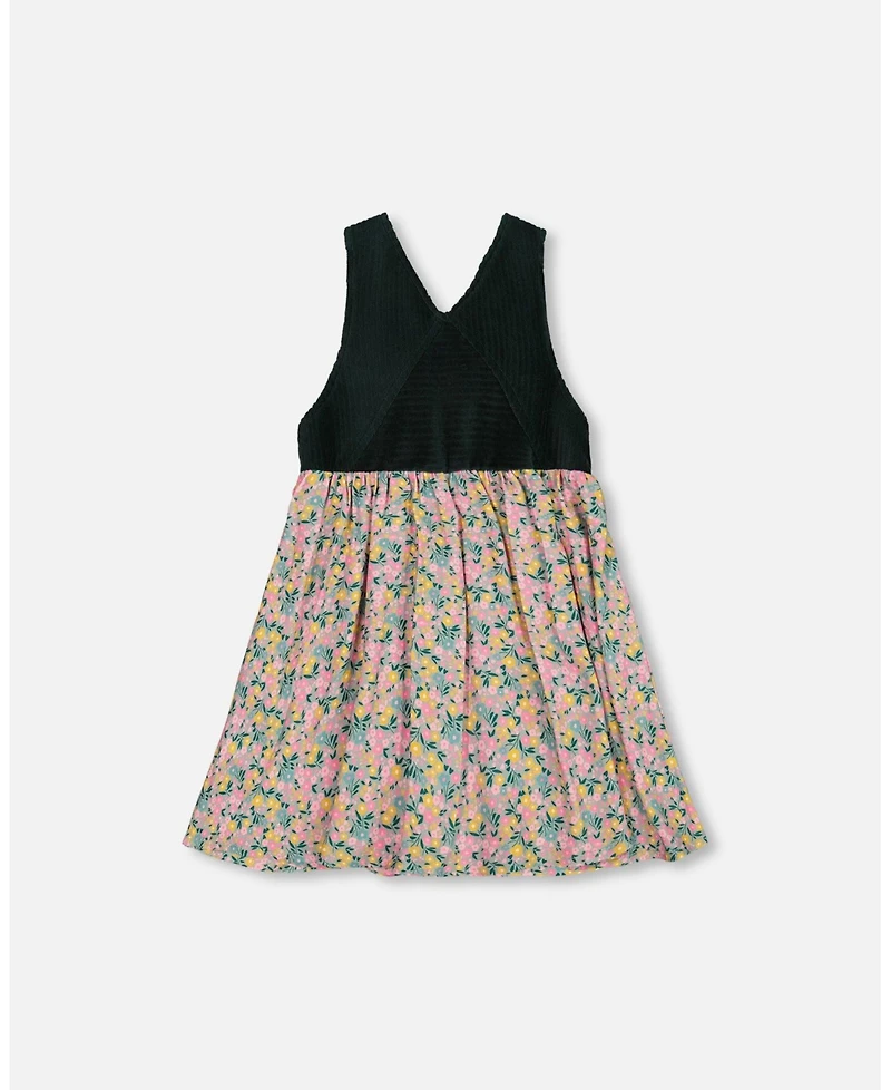 Deux par Girl Bi-Material Overall Dress Green with Flower Print - Toddler|Child