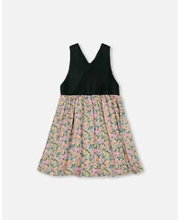 Deux par Girl Bi-Material Overall Dress Green with Flower Print - Toddler|Child