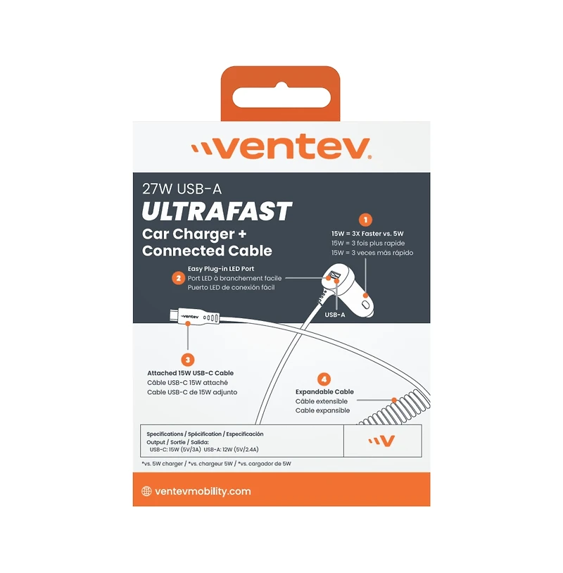 Ventev 27W Ultrafast Dual Car Charger with Usb C Travel Cable--